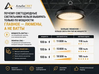 Почему светодиодные светильники нужно выбирать по люменам, а не по мощности — рекомендации ООО «АльбаСВЕТ»